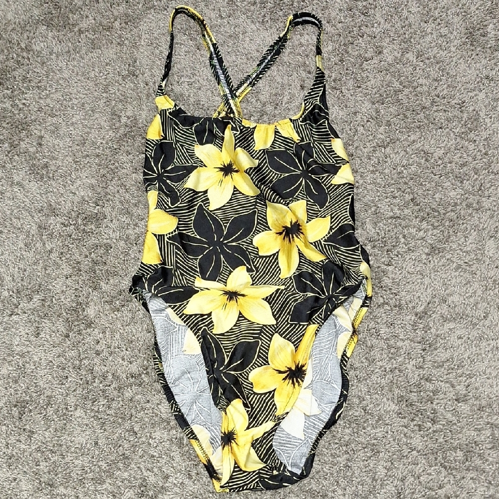 Sassafras Floral One Piece Swimsuit-High Cut-13/14-Gold Black Yellow